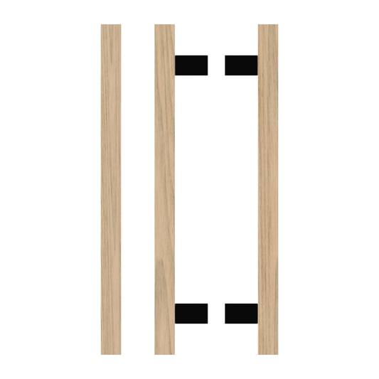 Pair T06-25 Timber Entrance Pull Handle, Tasmanian Oak, Back to Back Pair, CTC600mm, H800mm x 25mm x 25mm x Projection 70mm, Coated in Hard Wax (accentuates rich colours) in Tasmanian Oak / Satin Anodised Gun Metal