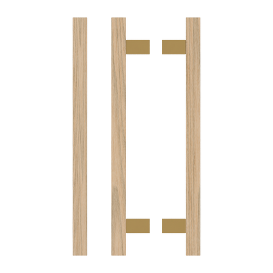 Pair T06-25 Timber Entrance Pull Handle, Tasmanian Oak, Back to Back Pair, CTC600mm, H800mm x 25mm x 25mm x Projection 70mm, Coated in Hard Wax (accentuates rich colours) in Tasmanian Oak / Satin Anodised Brass