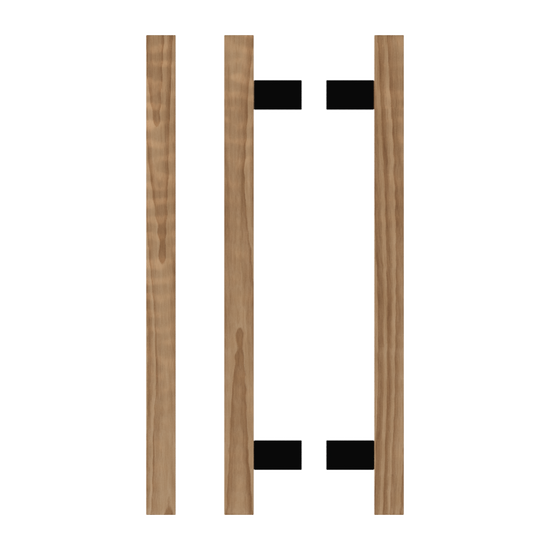 Pair T06-25 Timber Entrance Pull Handle, American Walnut, Back to Back Pair, CTC600mm, H800mm x 25mm x 25mm x Projection 70mm, in Raw Timber (ready to stain or paint) in Black Walnut / Satin Anodised Gun Metal
