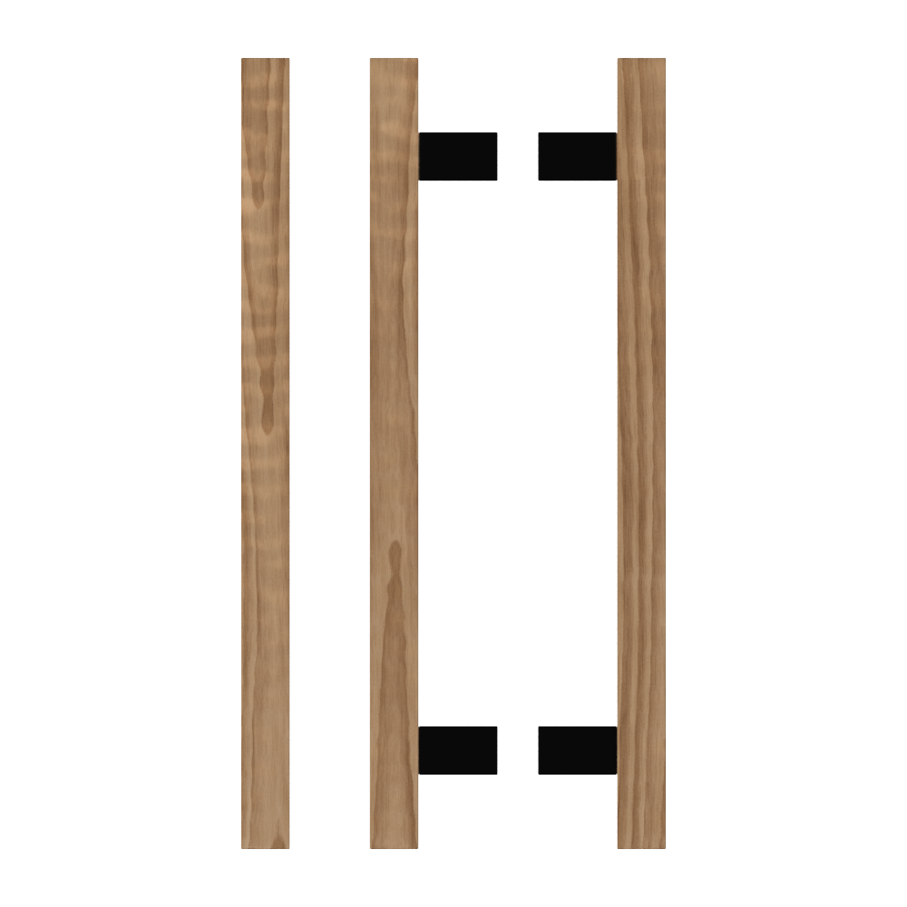 Pair of T06 Timber Pull Handles in American Walnut by Style Finish Doorware, featuring sleek wooden design with black accents.