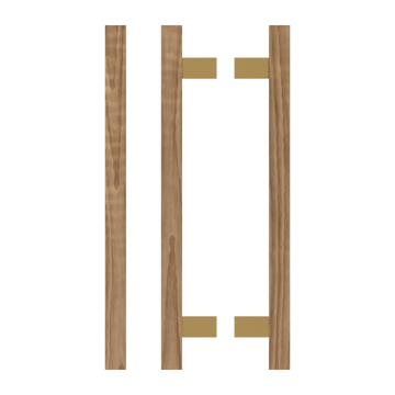 Pair T06-25 Timber Entrance Pull Handle, American Walnut, Back to Back Pair, CTC600mm, H800mm x 25mm x 25mm x Projection 70mm, Coated in Hard Wax (accentuates rich colours) in Black Walnut / Satin Anodised Brass