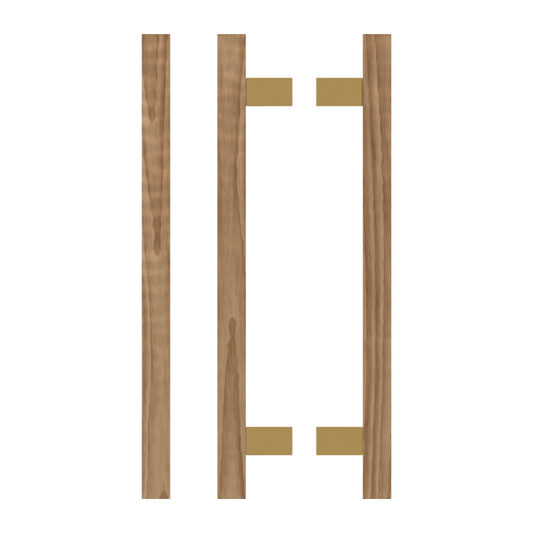 Pair T06-25 Timber Entrance Pull Handle, American Walnut, Back to Back Pair, CTC600mm, H800mm x 25mm x 25mm x Projection 70mm, Coated in Hard Wax (accentuates rich colours) in Black Walnut / Satin Anodised Brass