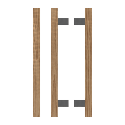 Pair T06-25 Timber Entrance Pull Handle, American Walnut, Back to Back Pair, CTC600mm, H800mm x 25mm x 25mm x Projection 70mm, in Raw Timber (ready to stain or paint) in Black Walnut / Satin Anodised Nickel