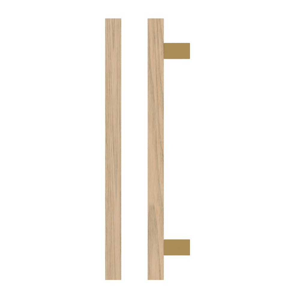 Single T06-25 Timber Entrance Pull Handle, Tasmanian Oak, CTC600mm, H800mm x 25mm x 25mm x Projection 70mm, Coated in Hard Wax (accentuates rich colours) in Tasmanian Oak / Satin Anodised Brass