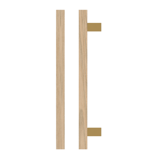 Single T06-25 Timber Entrance Pull Handle, Tasmanian Oak, CTC600mm, H800mm x 25mm x 25mm x Projection 70mm, Coated in Hard Wax (accentuates rich colours) in Tasmanian Oak / Satin Anodised Brass