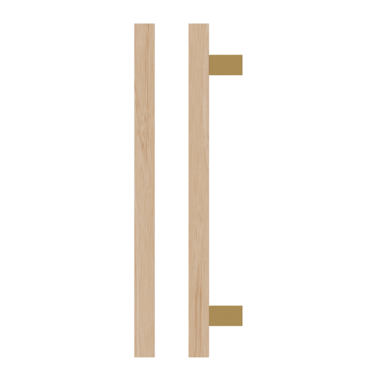 Single T06-25 Timber Entrance Pull Handle, Victorian Ash, CTC600mm, H800mm x 25mm x 25mm x Projection 70mm, in Raw Timber (ready to stain or paint) in Victorian Ash / Satin Anodised Brass