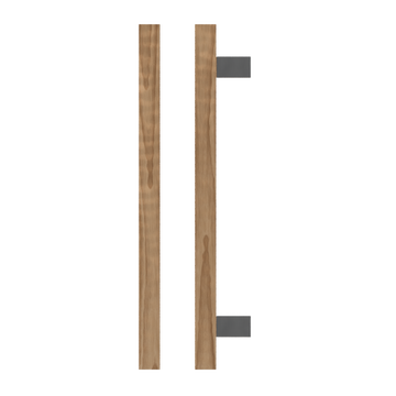 Single T06-25 Timber Entrance Pull Handle, American Walnut, CTC600mm, H800mm x 25mm x 25mm x Projection 70mm, in Raw Timber (ready to stain or paint) in Black Walnut / Satin Anodised Nickel
