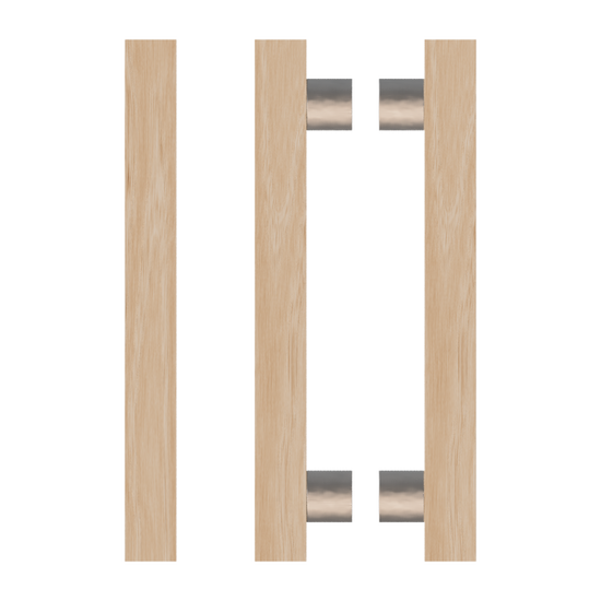 Pair T07 Timber Entrance Pull Handle, Victorian Ash, Back to Back Pair, CTC800mm, H1000mm x 40mm x 40mm x Projection 85mm, in Raw Timber (ready to stain or paint) in Victorian Ash / Satin Anodised Nickel