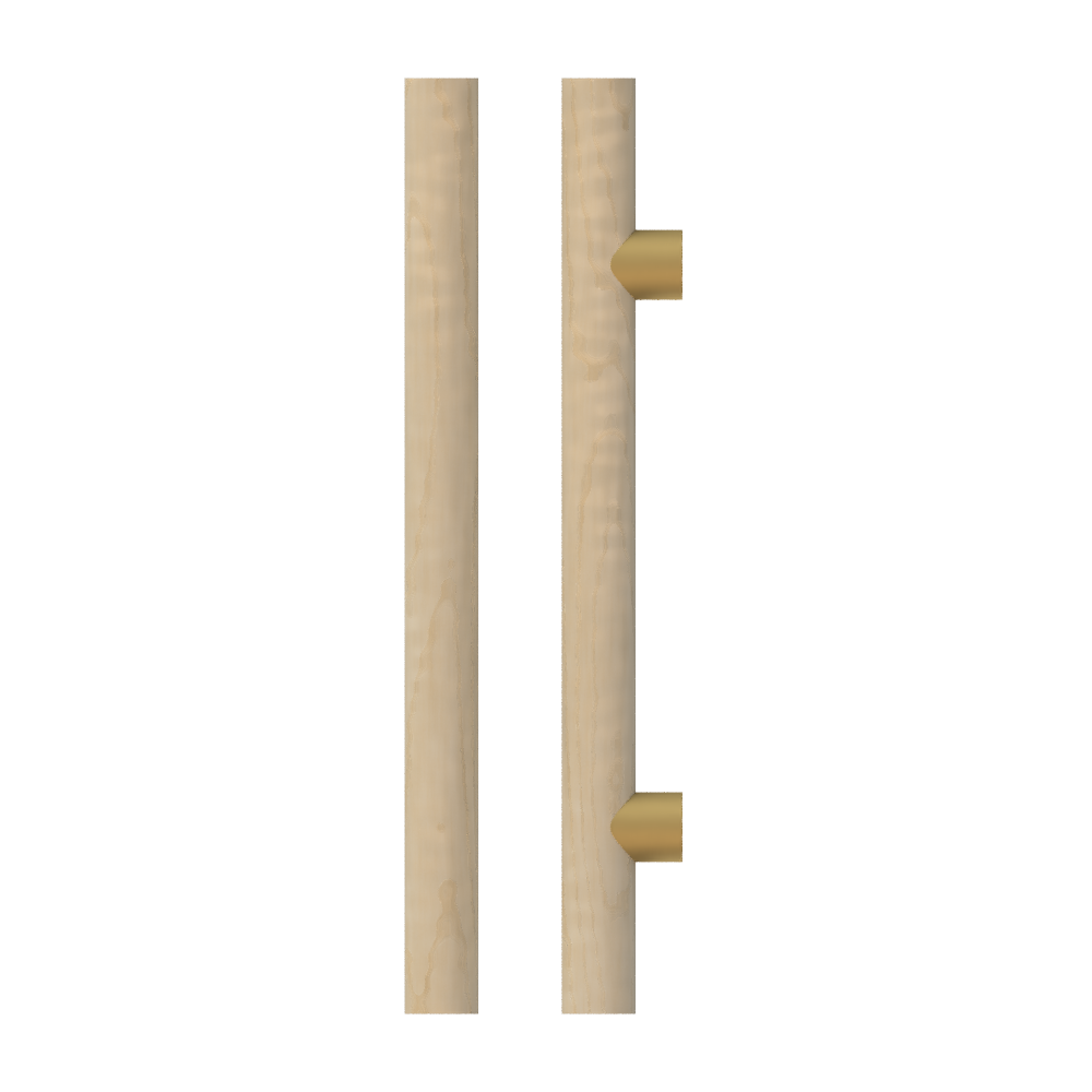 Single T08 Timber Entrance Pull Handle, American Oak, CTC600mm, H800mm x Ø40mm x Projection 85mm, Coated in Clear Acrylic (can be painted) in White Oak / Satin Anodised Brass