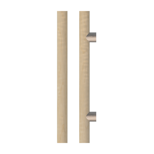 Single T08 Timber Entrance Pull Handle, American Oak, CTC600mm, H800mm x Ø40mm x Projection 85mm, Coated in Clear Acrylic (can be painted) in White Oak / Satin Anodised Nickel