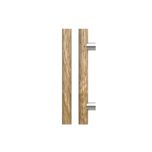 Single T08 Timber Entrance Pull Handle, American Oak, CTC400mm, H600mm x Ø40mm x Projection 85mm, Coated in Clear Acrylic (can be painted) in White Oak / Satin Nickel
