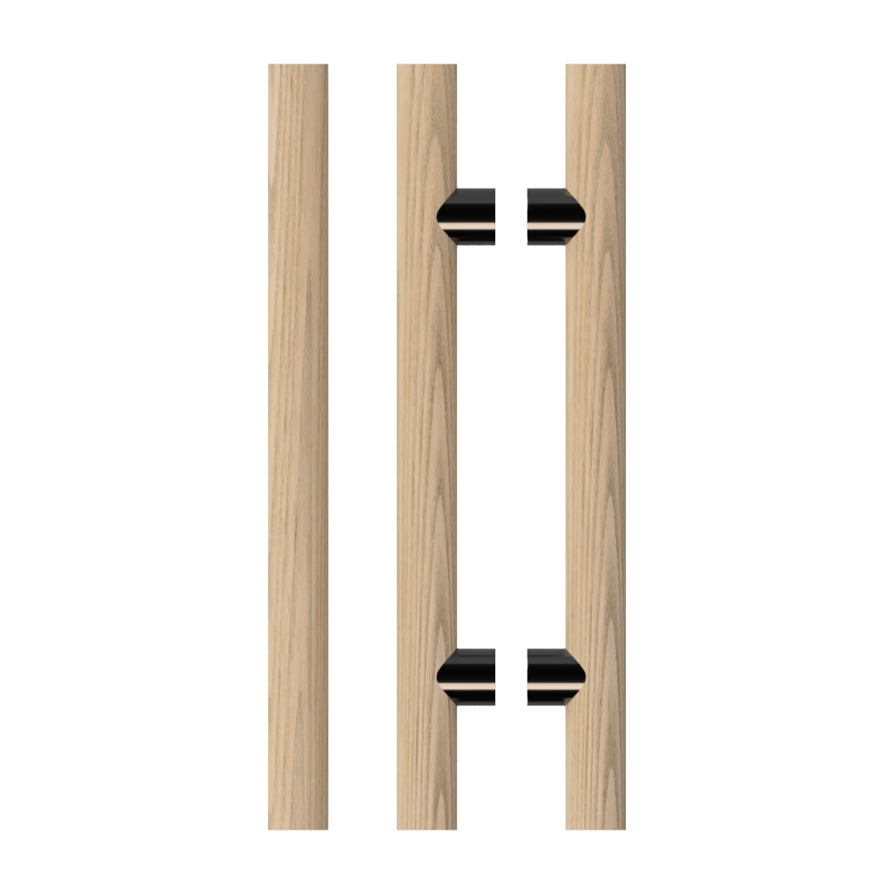 Pair of T08 Timber Pull Handles in Tasmanian Oak by Style Finish Doorware, shown mounted on a door.