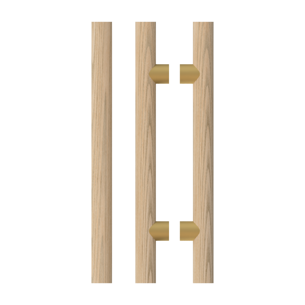 Pair T08 Timber Entrance Pull Handle, American Oak, Back to Back Pair, CTC1000mm, H1400mm x Ø40mm x Projection 85mm, Coated in Hard Wax (accentuates rich colours) in White Oak / Satin Anodised Brass