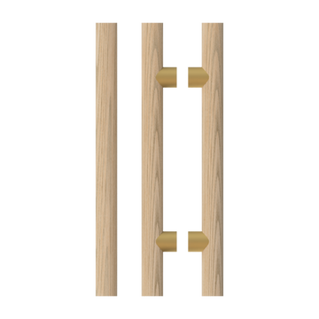 Pair T08 Timber Entrance Pull Handle, Tasmanian Oak, Back to Back Pair, CTC1000mm, H1400mm x Ø40mm x Projection 85mm, Coated in Hard Wax (accentuates rich colours) in Tasmanian Oak / Satin Anodised Brass