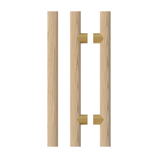 Pair T08 Timber Entrance Pull Handle, Tasmanian Oak, Back to Back Pair, CTC1000mm, H1400mm x Ø40mm x Projection 85mm, Coated in Hard Wax (accentuates rich colours) in Tasmanian Oak / Satin Anodised Brass