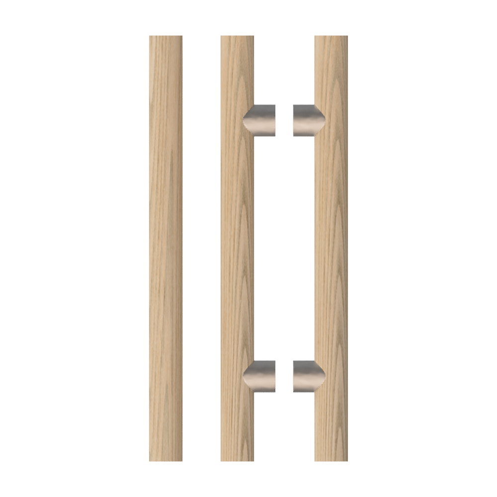 Pair of T08 Timber Pull Handles in American Oak from Style Finish Doorware, showcasing natural wood grain and sleek design.