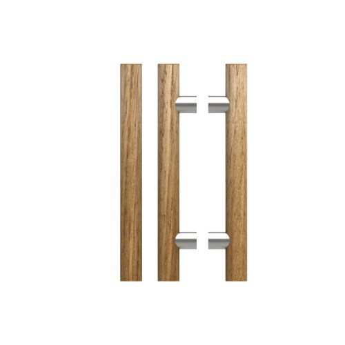 Pair T08 Timber Entrance Pull Handle, Tasmanian Oak, Back to Back Pair, CTC400mm, H600mm x Ø40mm x Projection 85mm, Coated in Clear Acrylic (can be painted) in Tasmanian Oak / Satin Nickel