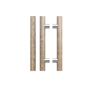 Pair T08 Timber Entrance Pull Handle, Victorian Ash, Back to Back Pair, CTC400mm, H600mm x Ø40mm x Projection 85mm, Coated in Clear Acrylic (can be painted) in Victorian Ash / Satin Nickel