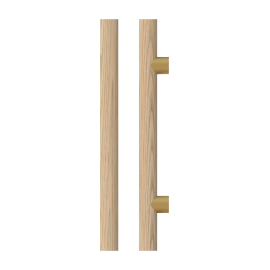 Single T08 Timber Entrance Pull Handle, Tasmanian Oak, CTC1000mm, H1200mm x Ø40mm x Projection 85mm, Coated in Hard Wax (accentuates rich colours) in Tasmanian Oak / Satin Anodised Brass
