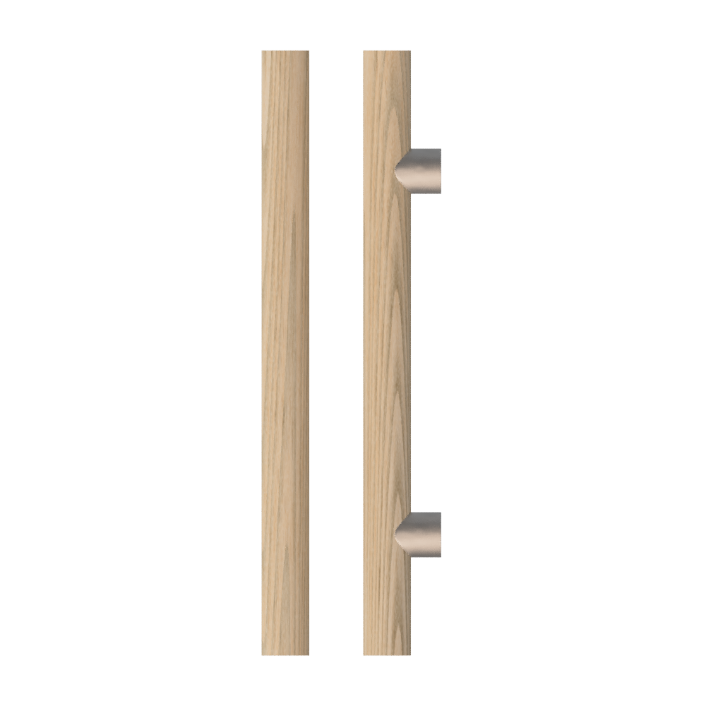 Single T08 Timber Pull Handle in American Oak by Style Finish Doorware, showing the smooth wooden finish and ergonomic design.