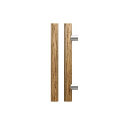 Single T08 Timber Entrance Pull Handle, Tasmanian Oak, CTC400mm, H600mm x Ø40mm x Projection 85mm, Coated in Clear Acrylic (can be painted) in Tasmanian Oak / Satin Nickel
