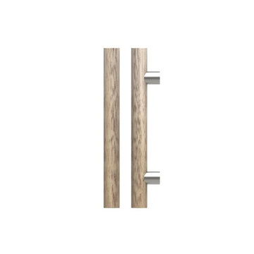 Single T08 Timber Entrance Pull Handle, Victorian Ash, CTC400mm, H600mm x Ø40mm x Projection 85mm, Coated in Clear Acrylic (can be painted) in Victorian Ash / Satin Nickel
