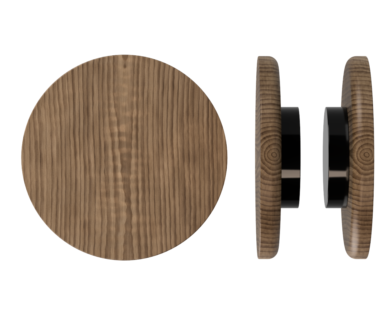 Pair of T11 Timber Pull Handles in American Walnut by Style Finish Doorware, showing sleek wooden handles on a door.