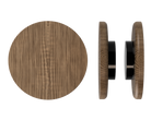 Pair of T11 Timber Pull Handles in American Walnut by Style Finish Doorware, showing sleek wooden handles on a door.