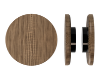 Pair of T11 Timber Pull Handles in American Walnut by Style Finish Doorware, showing sleek wooden handles on a door.