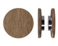 Pair of Style Finish Doorware T11 Timber Pull Handles in natural American Walnut with gray mounting hardware.