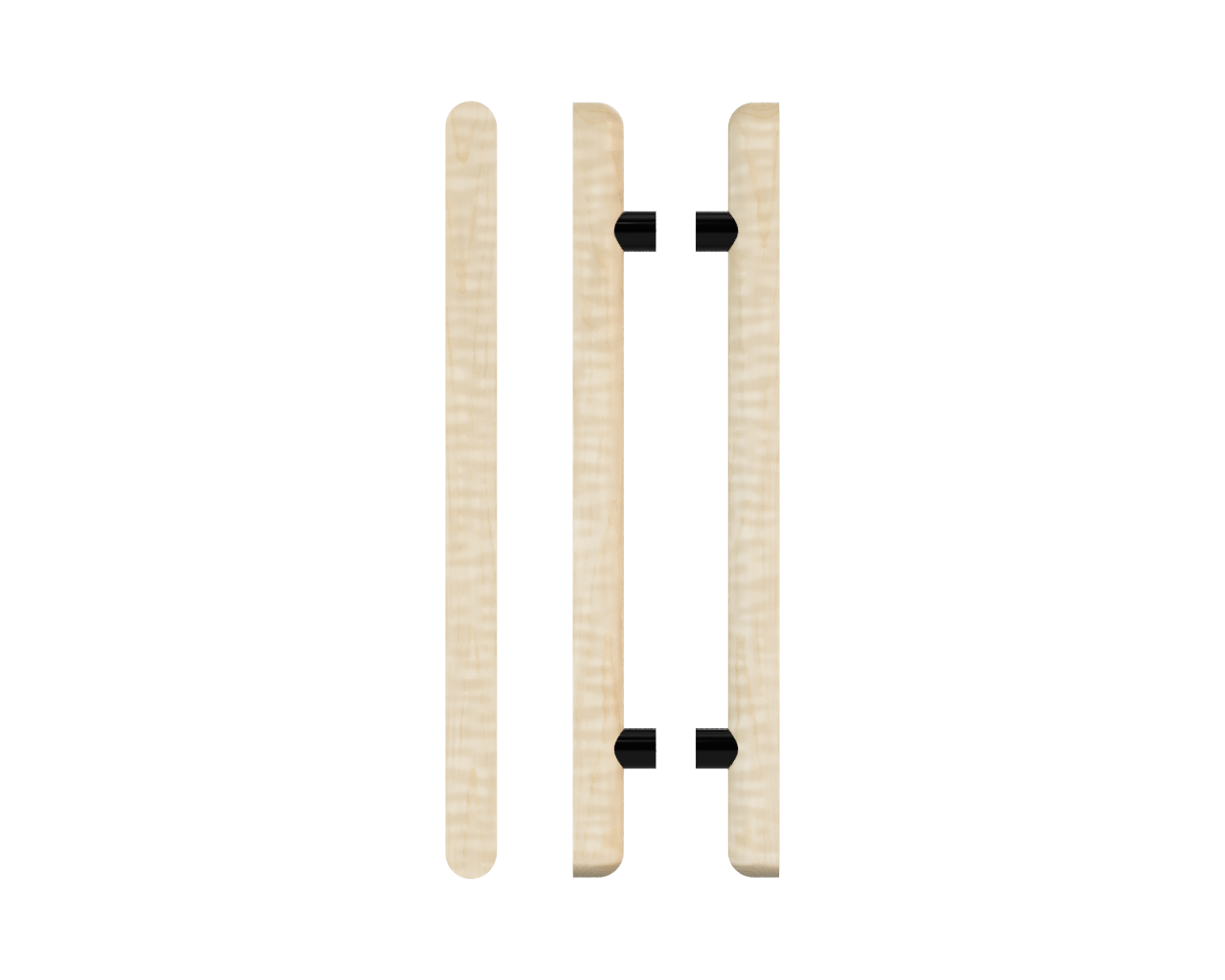 Pair of T12 Timber Pull Handles in American Oak by Style Finish Doorware, showcasing smooth wooden handles with black accents.