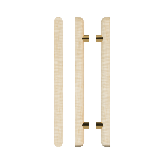 Pair T12 Timber Entrance Pull Handle, American White Oak, Back to Back Pair, CTC1000mm, H1400mm x Ø40mm x Projection 85mm, Coated in Hard Wax (accentuates rich colours) in White Oak / Satin Anodised Brass