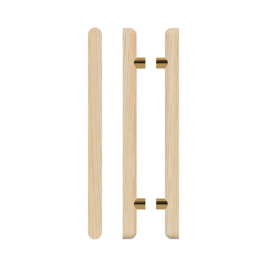 Pair T12 Timber Entrance Pull Handle, Tasmanian Oak, Back to Back Pair, CTC1000mm, H1400mm x 40mm x 40mm x Projection 75mm, Coated in Hard Wax (accentuates rich colours) in Tasmanian Oak / Satin Anodised Brass