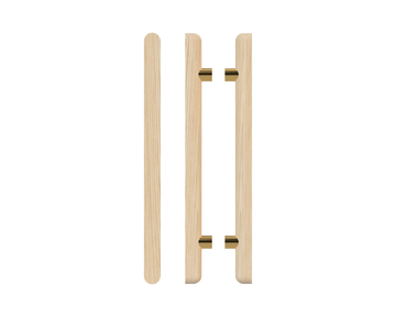 Pair T12 Timber Entrance Pull Handle, Tasmanian Oak, Back to Back Pair, CTC1000mm, H1400mm x 40mm x 40mm x Projection 75mm, Coated in Hard Wax (accentuates rich colours) in Tasmanian Oak / Satin Anodised Brass
