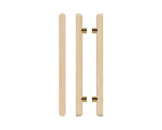Pair T12 Timber Entrance Pull Handle, Tasmanian Oak, Back to Back Pair, CTC1000mm, H1400mm x 40mm x 40mm x Projection 75mm, Coated in Hard Wax (accentuates rich colours) in Tasmanian Oak / Satin Anodised Brass