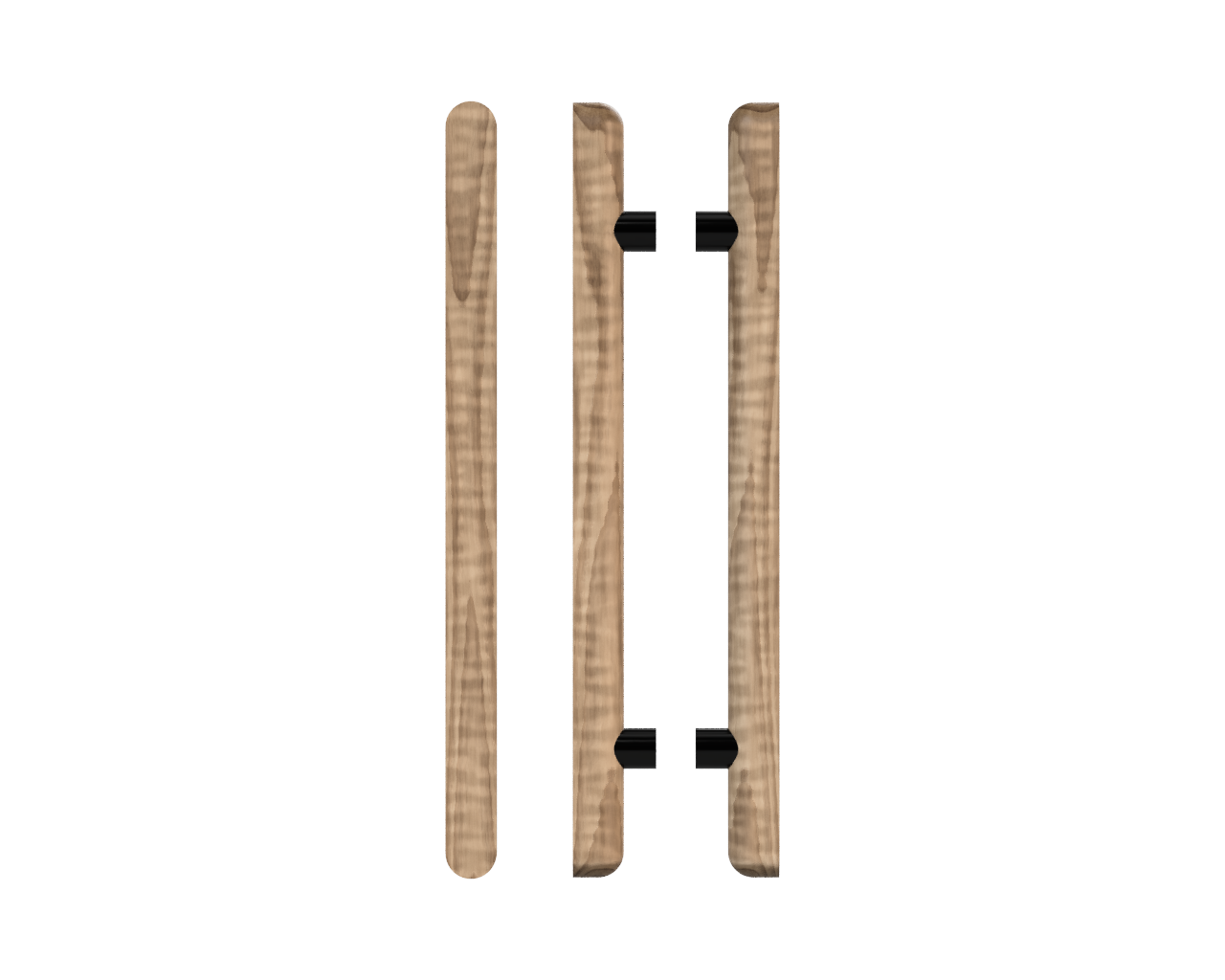 Pair of T12 Timber Pull Handles in American Walnut by Style Finish Doorware, showcasing their sleek, natural wood grain finish.