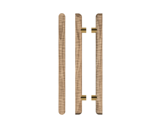 Pair T12 Timber Entrance Pull Handle, American Walnut, Back to Back Pair, CTC1000mm, H1400mm x Ø40mm x Projection 85mm, Coated in Hard Wax (accentuates rich colours) in Black Walnut / Satin Anodised Brass
