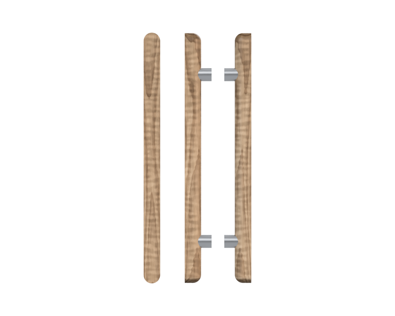 Pair of T12 Timber Pull Handles in American Walnut with satin nickel finish by Style Finish Doorware, featuring sleek wood and metal design.
