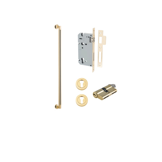 Pull Handle Berlin Euro Pair Polished Brass L635xW22xP63mm CTC600 mm BPD35mm, Mortice Lock Roller Euro Polished Brass CTC85mm Backset 60mm, Euro Cylinder Dual Function 5 Pin 65mm KA4, Escutcheon Euro Concealed Fix Round Pair D52xP10mm in Polished Brass