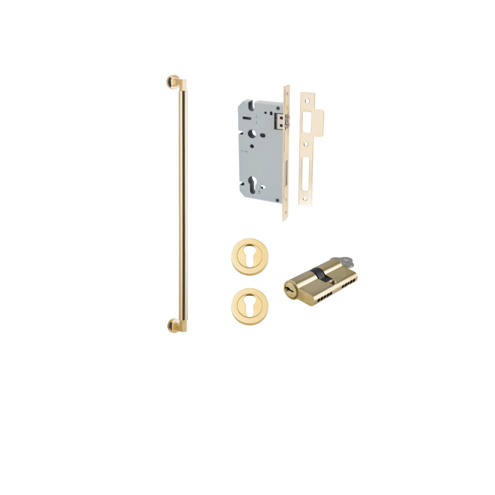 Pull Handle Berlin Euro Pair Polished Brass L635xW22xP63mm CTC600 mm BPD35mm, Mortice Lock Roller Euro Polished Brass CTC85mm Backset 60mm, Euro Cylinder Dual Function 5 Pin 65mm KA4, Escutcheon Euro Concealed Fix Round Pair D52xP10mm in Polished Brass