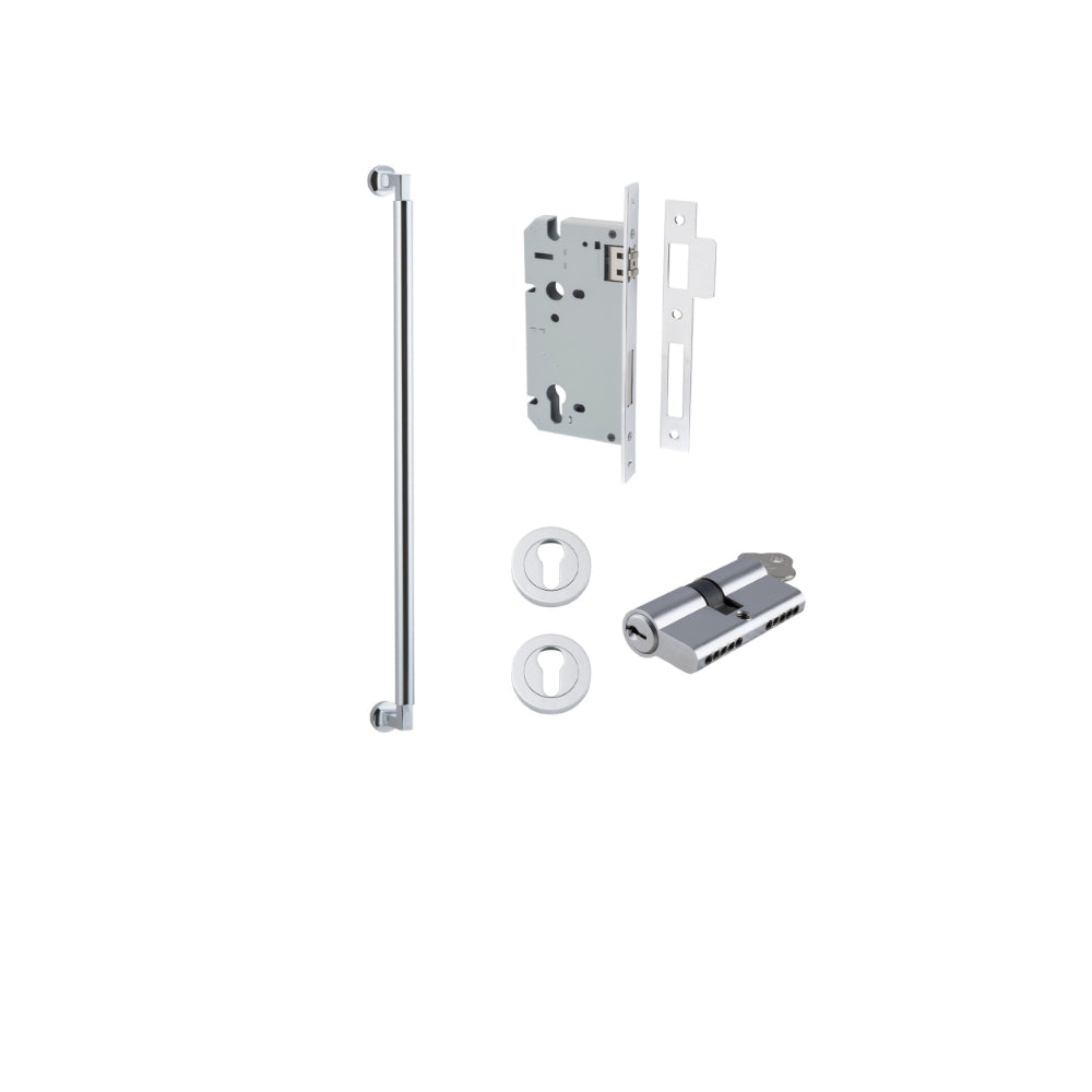 Pull Handle Berlin Euro Pair Polished Chrome L635xW22xP63mm CTC600 mm BPD35mm, Mortice Lock Roller Euro Polished Chrome CTC85mm Backset 60mm, Euro Cylinder Dual Function 5 Pin 65mm KA4, Escutcheon Euro Concealed Fix Round Pair D52xP10mm in Polished Chrome