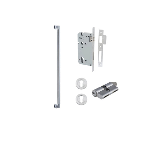 Pull Handle Berlin Euro Pair Brushed Chrome L635xW22xP63mm CTC600 mm BPD35mm, Mortice Lock Roller Euro Brushed Chrome CTC85mm Backset 60mm, Euro Cylinder Dual Function 5 Pin 65mm KA4, Escutcheon Euro Concealed Fix Round Pair D52xP10mm in Brushed Chrome
