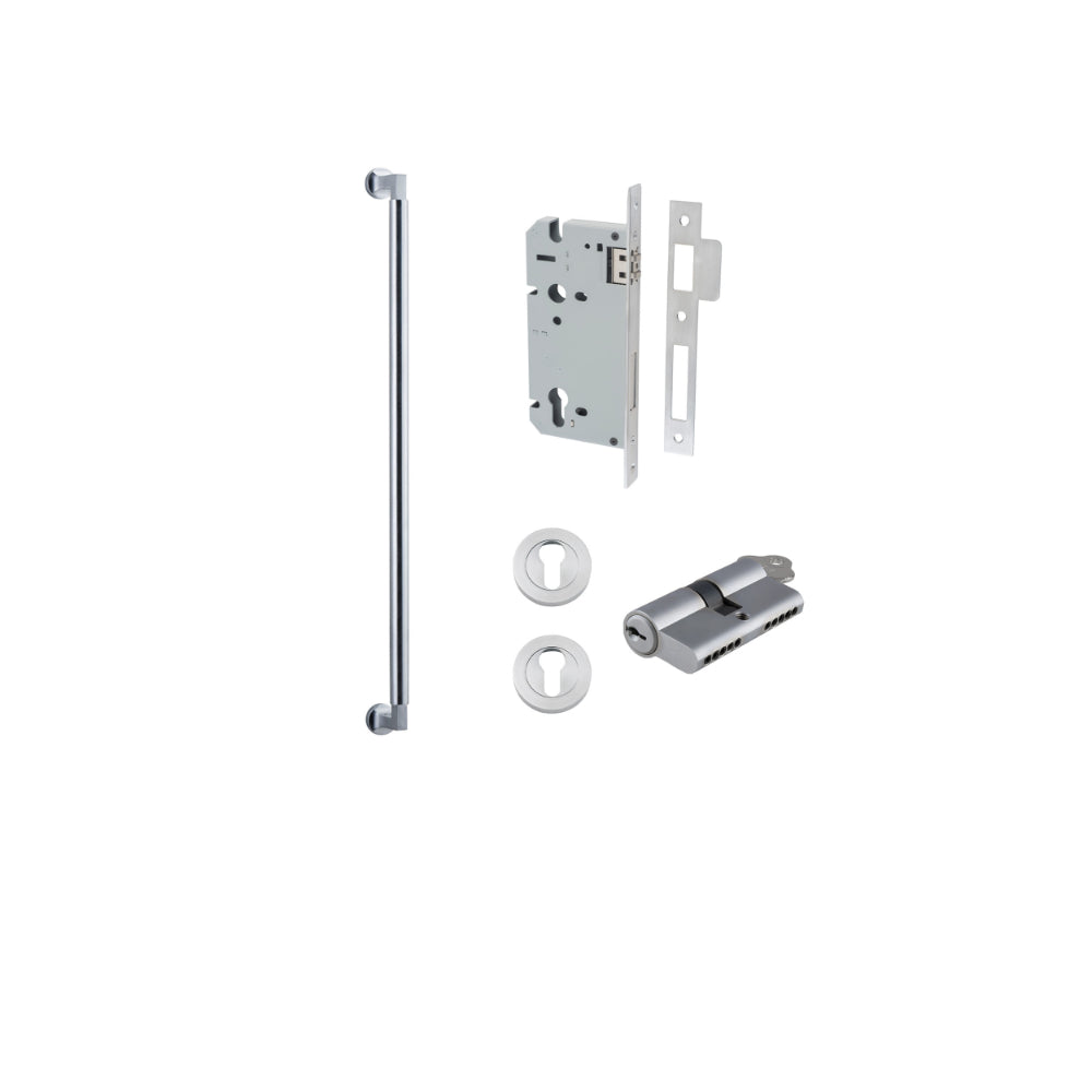 Pull Handle Berlin Euro Pair Brushed Chrome L635xW22xP63mm CTC600 mm BPD35mm, Mortice Lock Roller Euro Brushed Chrome CTC85mm Backset 60mm, Euro Cylinder Dual Function 5 Pin 65mm KA4, Escutcheon Euro Concealed Fix Round Pair D52xP10mm in Brushed Chrome