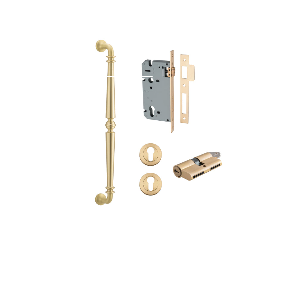 Pull Handle Sarlat Brushed Gold PVD L485xW32xP72mm BP35mm CTC450mm Entrance Kit, Mortice Lock Roller Euro BG PVD CTC85mm Backset 60mm, Euro Cylinder Dual Function 5 Pin Satin Brass L65mm KA1, Escutcheon Euro Concealed Fix Round Pair BG PVD D52xP10mm in Br