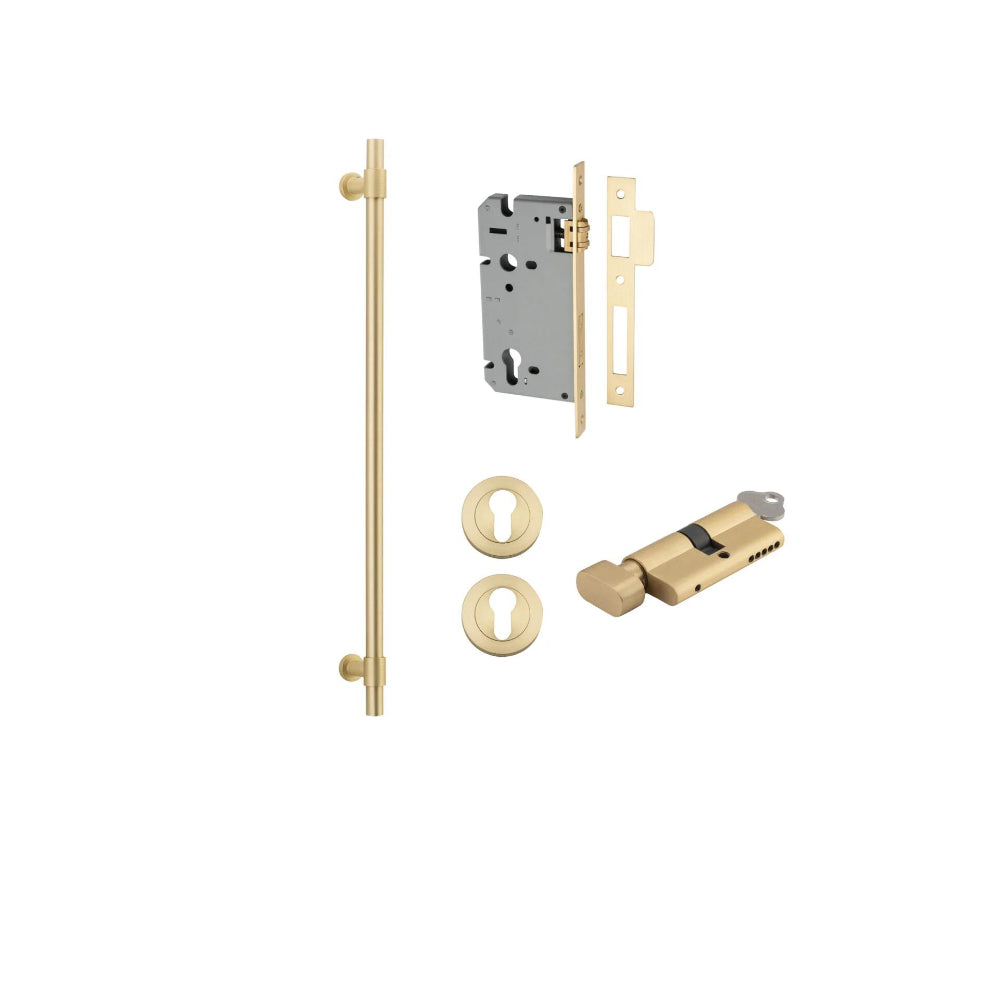 Pull Handle Helsinki Brushed Gold PVD L710xD22xP66mm BP35mm CTC600mm Ent Kit, Mortice Lock Roller Euro Brushed Gold PVD CTC85 Backset 60, Euro Cylinder Key Thumb 6 Pin Satin Brass L70 KA1, Escutcheon Euro Conc Fix Rnd Pair Brushed Gold PVD D52xP10mm in Br