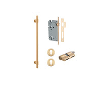 Pull Handle Helsinki Brushed Brass L560xD22xP66mm BP35mm CTC450mm Entrance Kit, Mortice Lock Roller Euro Brushed Brass CTC85mm Backset 60mm, Euro Cylinder Dual Function 5 Pin Brushed Brass L65mm KA1, Escutcheon Euro Concealed Fix Round Pair Brushe… in Brushed Brass