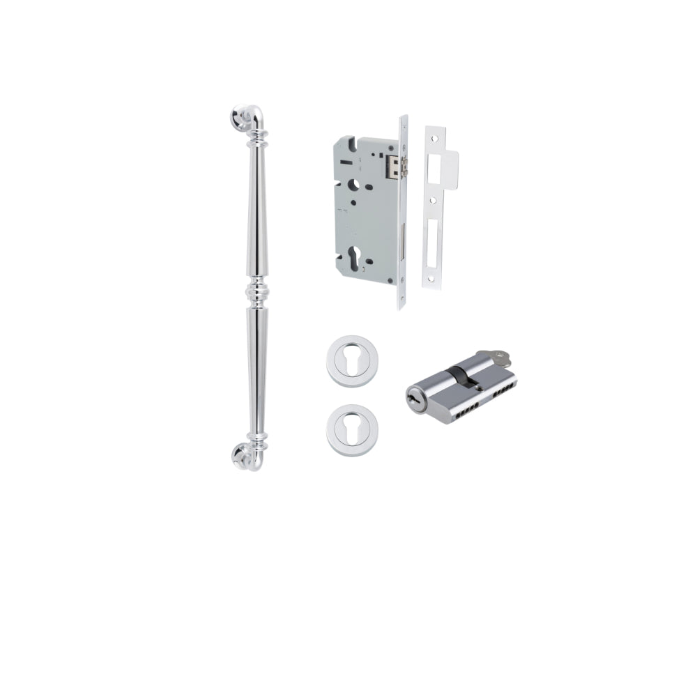 Pull Handle Sarlat Polished Chrome L485xW32xP72mm BP35mm CTC450mm Entrance Kit, Mortice Lock Roller Euro Polished Chrome CTC85mm Backset 60mm, Euro Cylinder Dual Function 5 Pin Polished Chrome L65mm KA1, Escutcheon Euro Concealed Fix Round Pair Po… in Pol