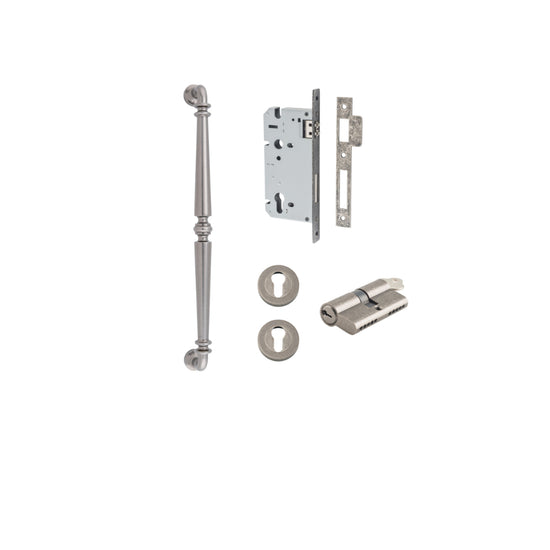 Pull Handle Sarlat Distressed Nickel L485xW32xP72mm BP35mm CTC450mm Entrance Kit, Mortice Lock Roller Euro Distressed Nickel CTC85mm Backset 60mm, Euro Cylinder Dual Function 5 Pin Distressed Nickel L65mm KA1, Escutcheon Euro Concealed Fix Round P… in Dis