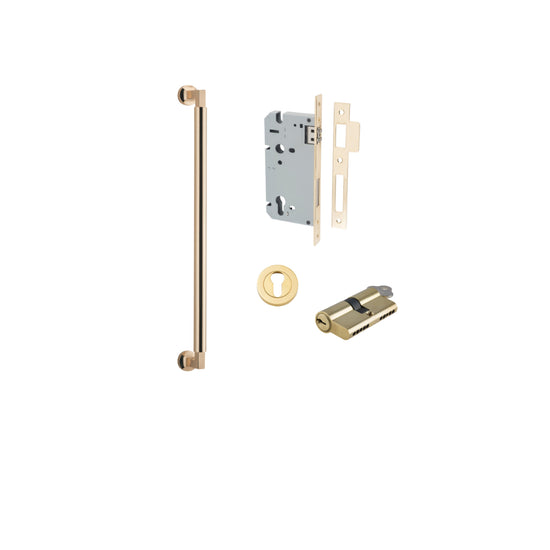 Pull Handle Berlin Euro Pair Polished Brass L485xW22xP63mm CTC450 mm BPD35mm, Mortice Lock Roller Euro Polished Brass CTC85mm Backset 60mm, Euro Cylinder Dual Function 5 Pin 65mm KA4, Escutcheon Euro Concealed Fix Round Pair D52xP10mm in Polished Brass