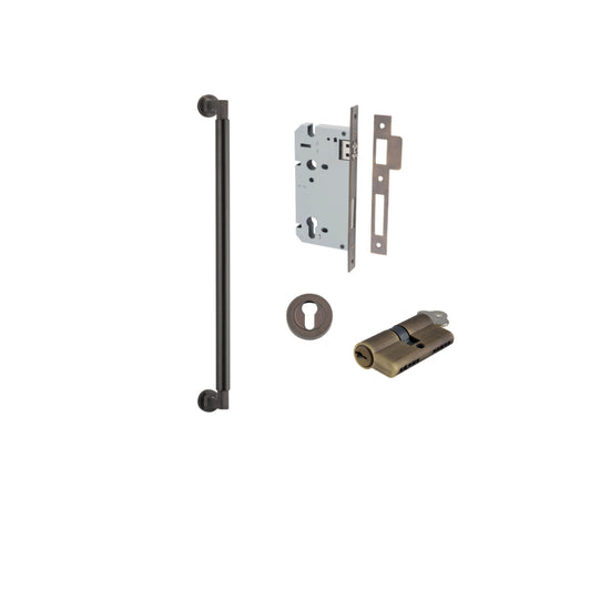 Pull Handle Berlin Euro Pair Signature Brass L485xW22xP63mm CTC450 mm BPD35mm, Mortice Lock Roller Euro Signature Brass CTC85mm Backset 60mm, Euro Cylinder Dual Function 5 Pin 65mm KA4, Escutcheon Euro Concealed Fix Round Pair D52xP10mm in Signature Brass